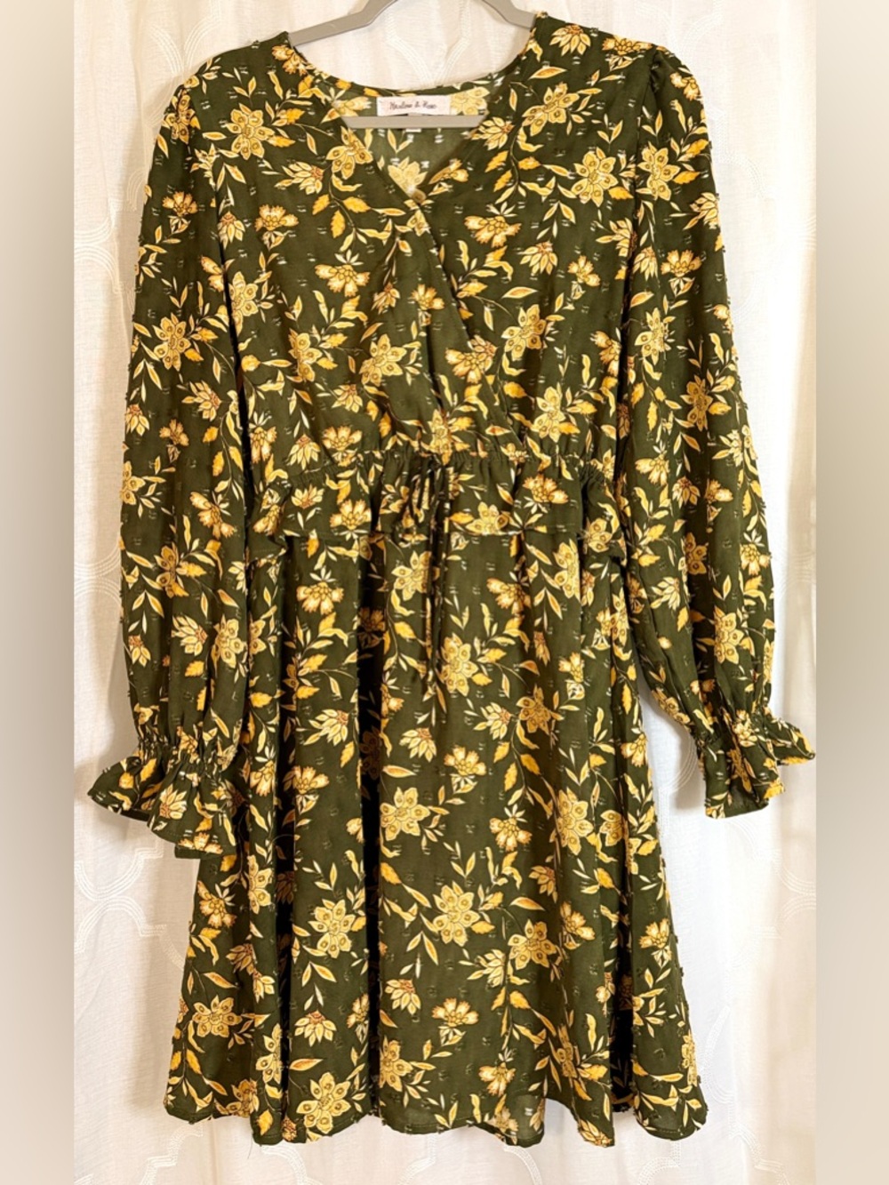 Harlow & Rose Olive Floral Mini Dress | Long Sleeve Boho Cottagecore | Size M